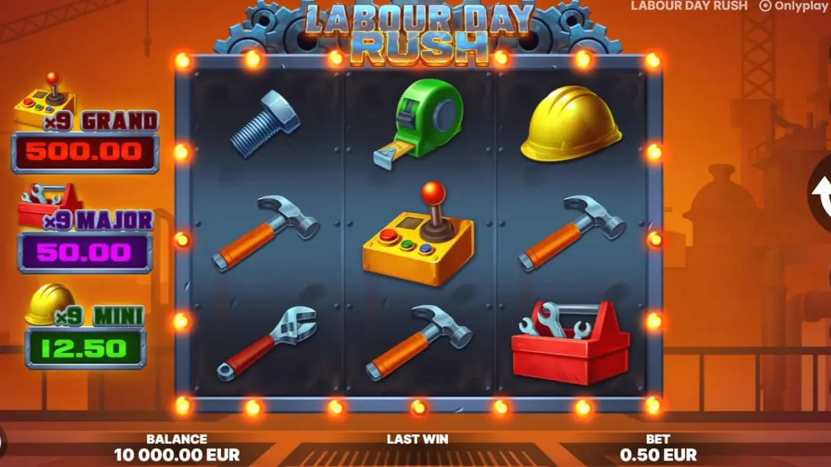 Tampilan visual slot Labour Day Rush dengan tema pabrik dan alat berat