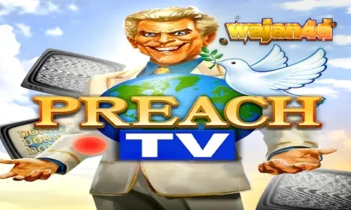 Tampilan visual slot Preach TV dengan nuansa studio TV retro 90-an